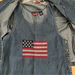 Vtg 2 pc denim maxi dress & jacket set AGAPO floral embroidery bohemian